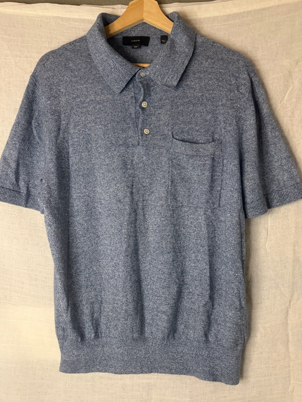 Vince Blue Birdseye Linen Wool Cashmere Polo Shirt Men's M Preppy Business
